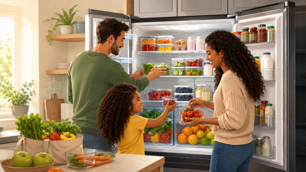 Familia organiza frutas, verduras y alimentos en una nevera para conservarlos mejor y reducir el desperdicio.