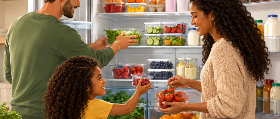 Familia organiza frutas, verduras y alimentos en una nevera para conservarlos mejor y reducir el desperdicio.