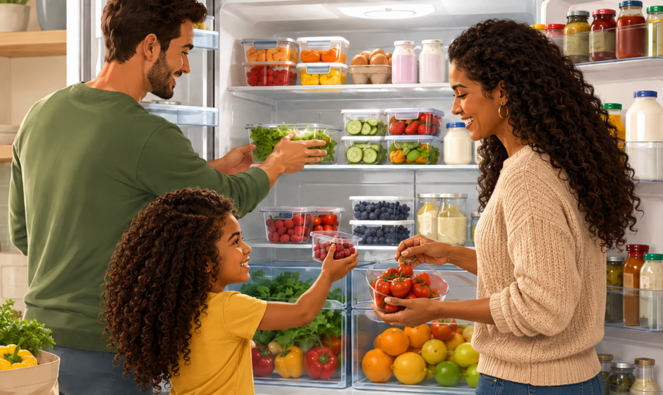 Familia organiza frutas, verduras y alimentos en una nevera para conservarlos mejor y reducir el desperdicio.
