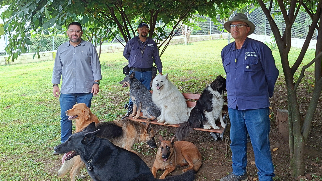 Miguel Velásquez y el equipo encargado del cuidado de la manada de perros de acompañamiento emocional de Incolmotos Yamaha en Girardota.