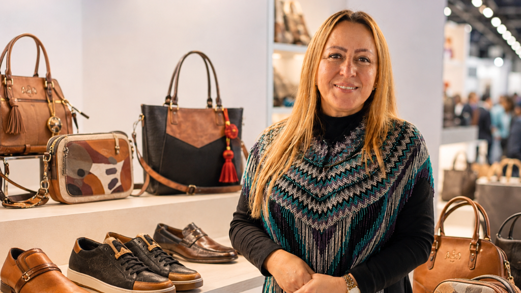Diana Bravo, gerente seccional de ACICAM Antioquia, junto a una muestra de calzado y marroquinería que empresarios antioqueños llevarán al International Footwear & Leather Show 2026.