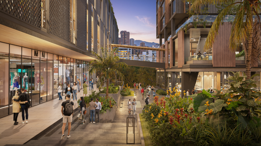 Render de los espacios públicos, zonas verdes y comercios de Distrito Palermo