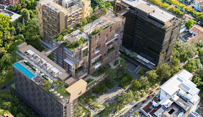 Vista aérea proyectada de Distrito Palermo en El Poblado, Medellín