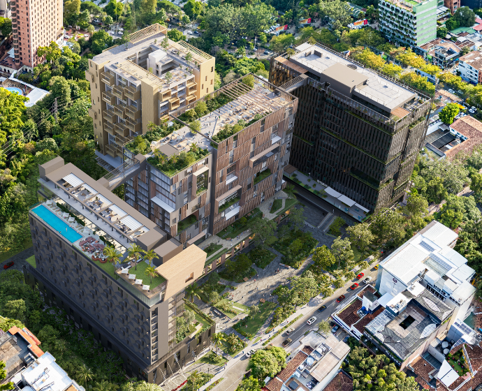 Vista aérea proyectada de Distrito Palermo en El Poblado, Medellín