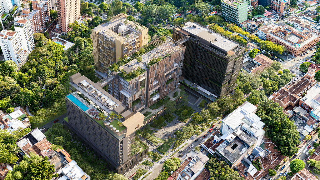 Vista aérea proyectada de Distrito Palermo en El Poblado, Medellín