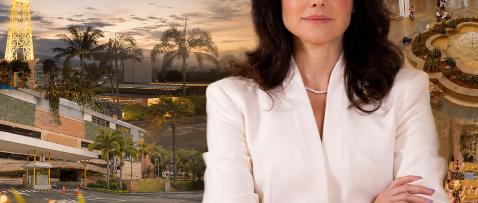 Catalina Alzate, nueva gerente de El Tesoro, frente a una composición de espacios del parque comercial en Medellín.