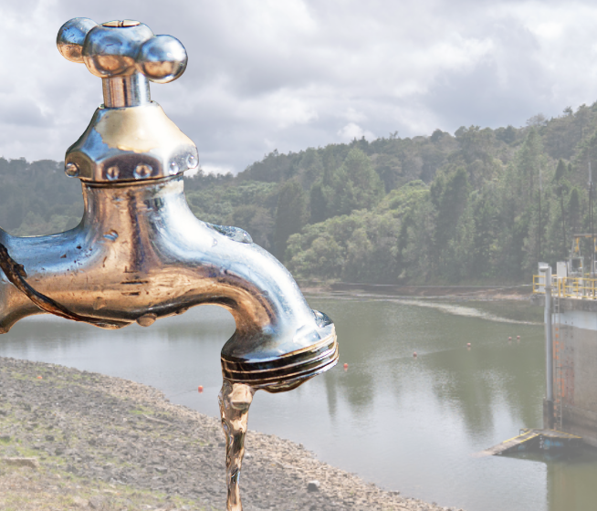Grifo con flujo reducido frente al embalse Piedras Blancas, afectado por la disminución de las lluvias.