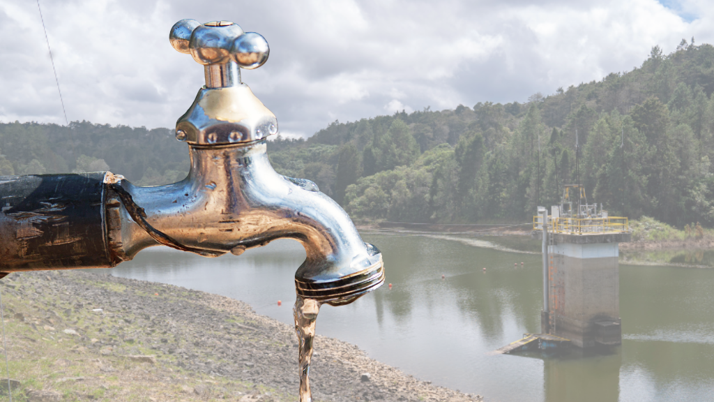 Grifo con flujo reducido frente al embalse Piedras Blancas, afectado por la disminución de las lluvias.