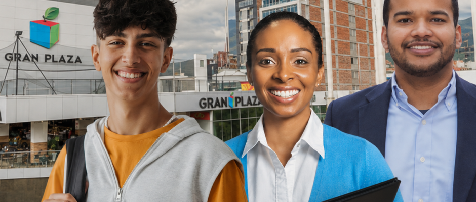 Tres aspirantes frente al centro comercial Gran Plaza, sede de la Feria de Empleo del Sector Moda en Medellín.