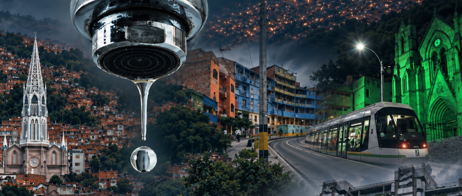 Llave goteando sobre barrios de Medellín afectados por las interrupciones de acueducto de EPM.