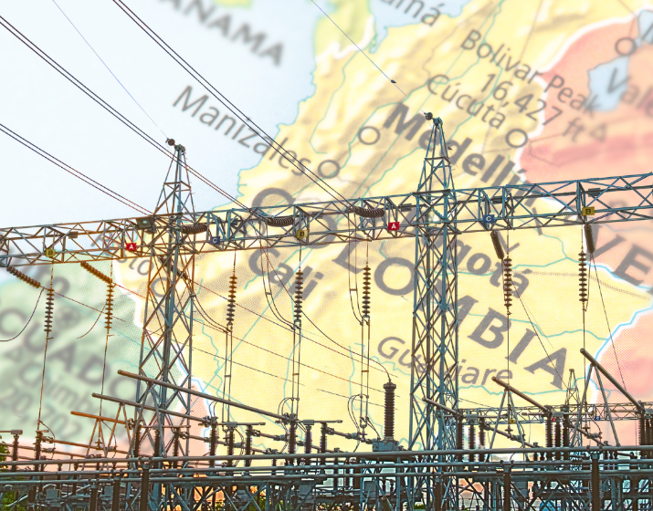 Red eléctrica sobre mapa de Colombia para ilustrar el aumento de la demanda de energía en el país.