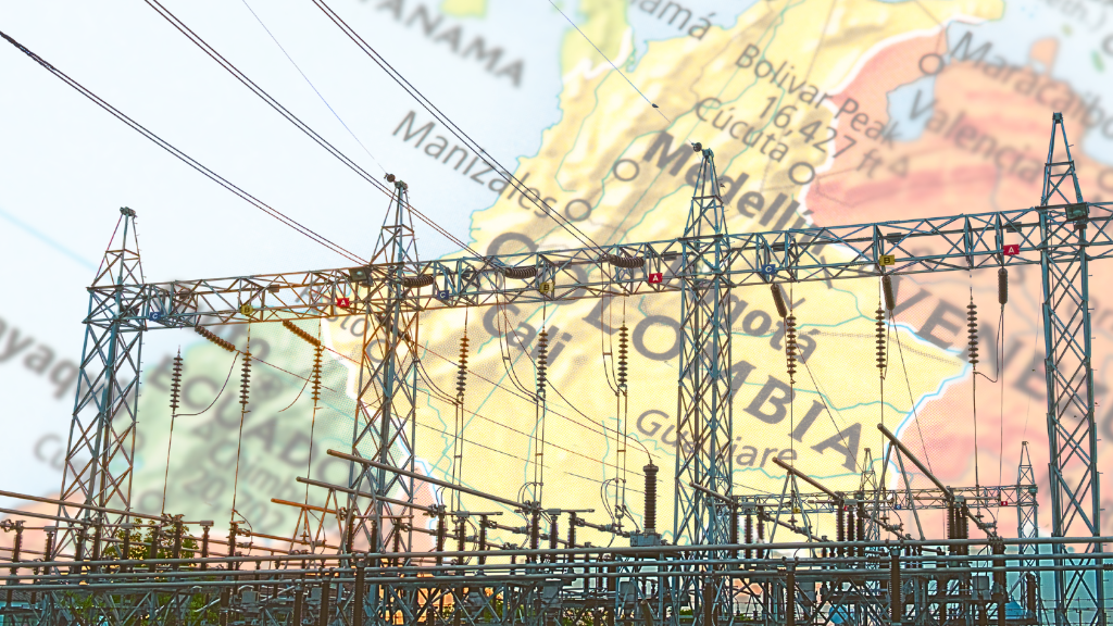 Red eléctrica sobre mapa de Colombia para ilustrar el aumento de la demanda de energía en el país.