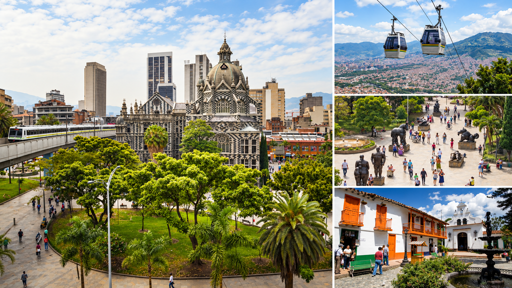 Montaje de Medellín con el Palacio de la Cultura, el Metro, el Metrocable, la Plaza Botero y el Pueblito Paisa