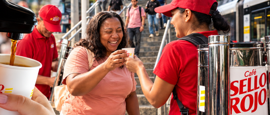 Café Sello Rojo comparte café con ciudadanos durante su activación por el Día Internacional del Café en Medellín.