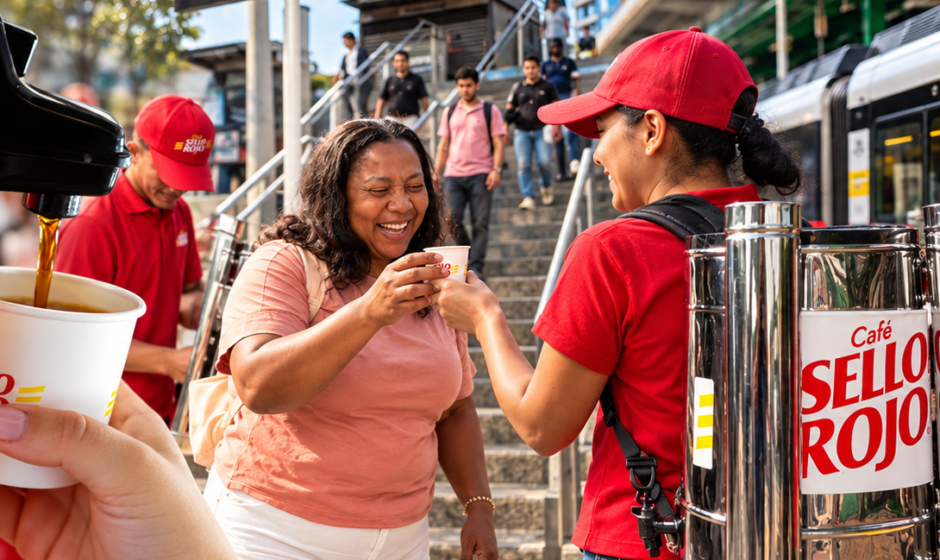 Café Sello Rojo comparte café con ciudadanos durante su activación por el Día Internacional del Café en Medellín.