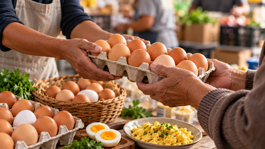Manos comparten una cubeta de huevos en una representación de solidaridad alimentaria vinculada a la campaña de Fenavi.