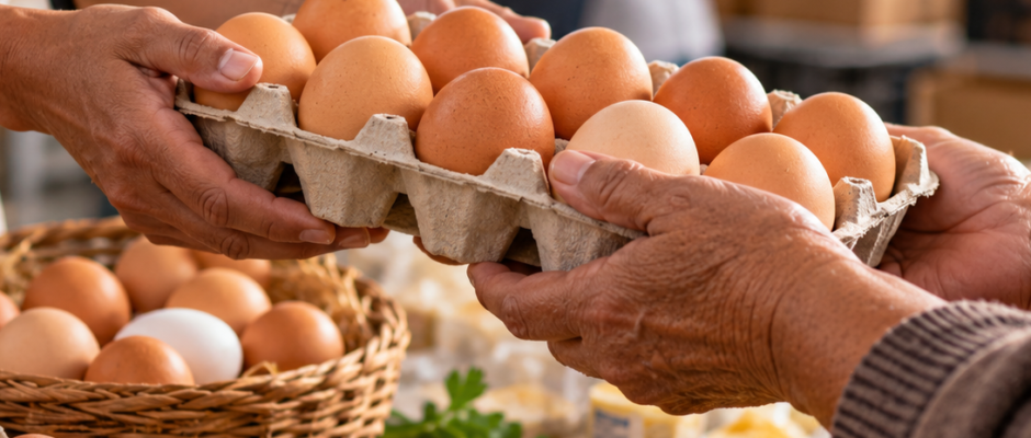 Manos comparten una cubeta de huevos en una representación de solidaridad alimentaria vinculada a la campaña de Fenavi.