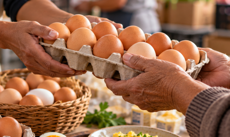 Manos comparten una cubeta de huevos en una representación de solidaridad alimentaria vinculada a la campaña de Fenavi.