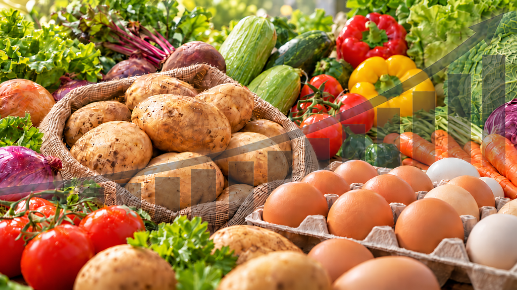 Papa, hortalizas y huevos con gráfico ascendente que representa el aumento de precios agropecuarios en Colombia.