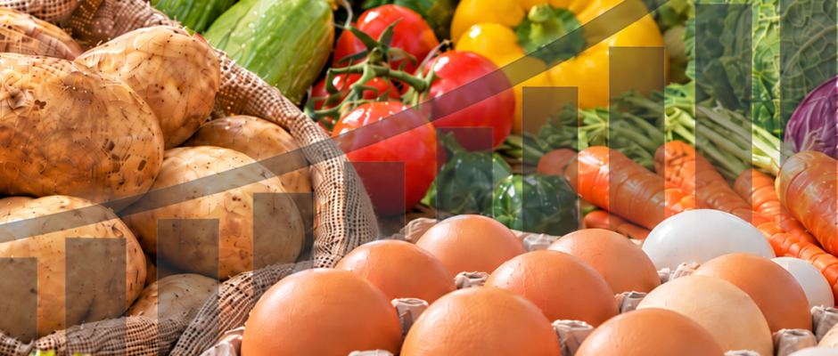 Papa, hortalizas y huevos con gráfico ascendente que representa el aumento de precios agropecuarios en Colombia.