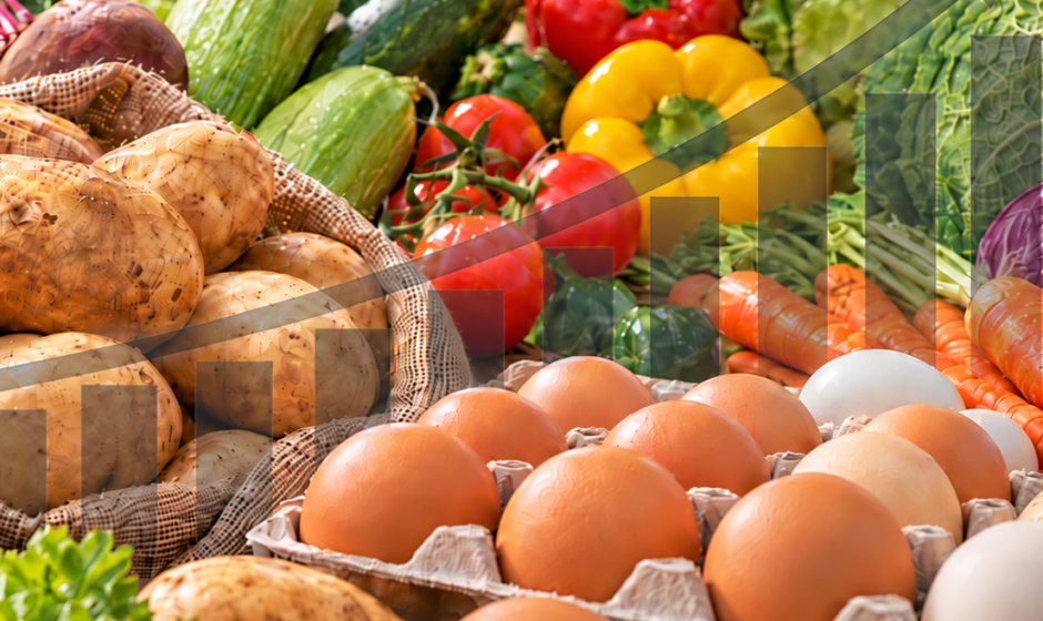 Papa, hortalizas y huevos con gráfico ascendente que representa el aumento de precios agropecuarios en Colombia.