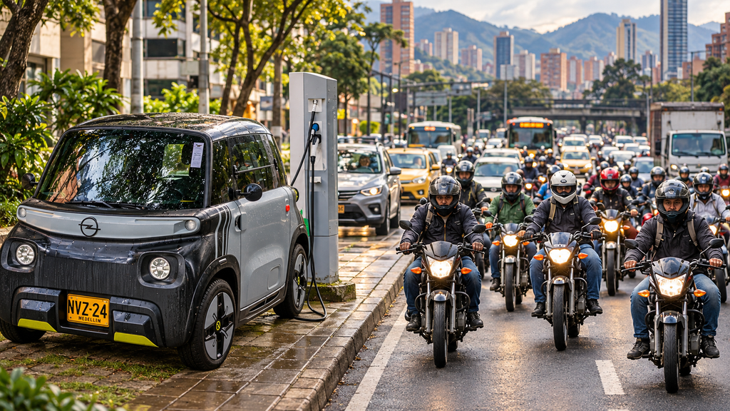 Carro eléctrico recargándose junto a motocicletas y vehículos en una vía urbana de Medellín