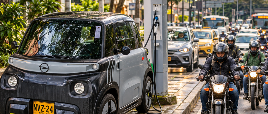 Carro eléctrico recargándose junto a motocicletas y vehículos en una vía urbana de Medellín