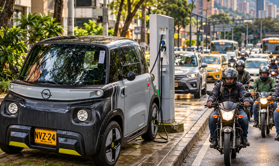 Carro eléctrico recargándose junto a motocicletas y vehículos en una vía urbana de Medellín