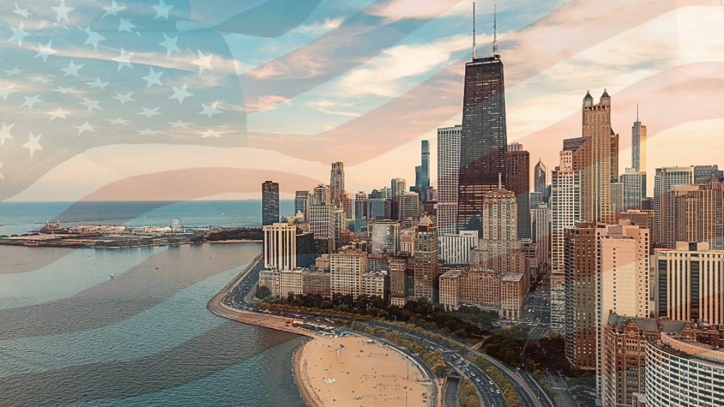 Chicago y bandera de Estados Unidos, país con oportunidades de estudio, trabajo e inversión para colombianos.